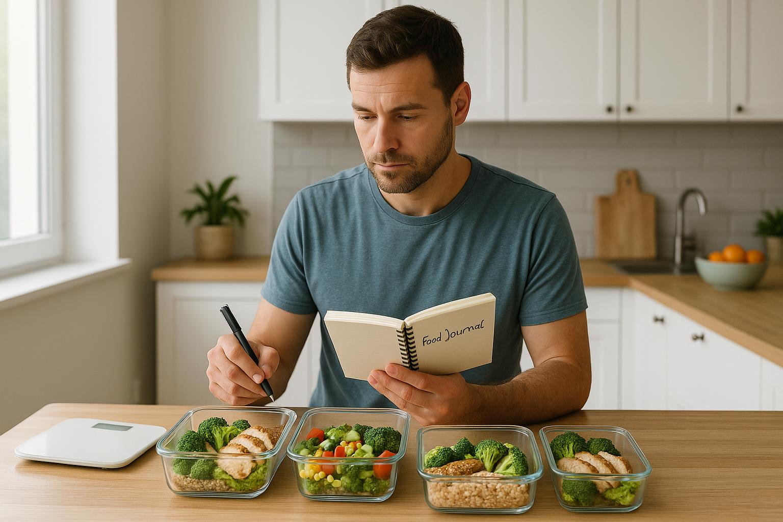 Adult in a bright kitchen reviewing food notes beside balanced meal prep containers while working through a weight loss plateau