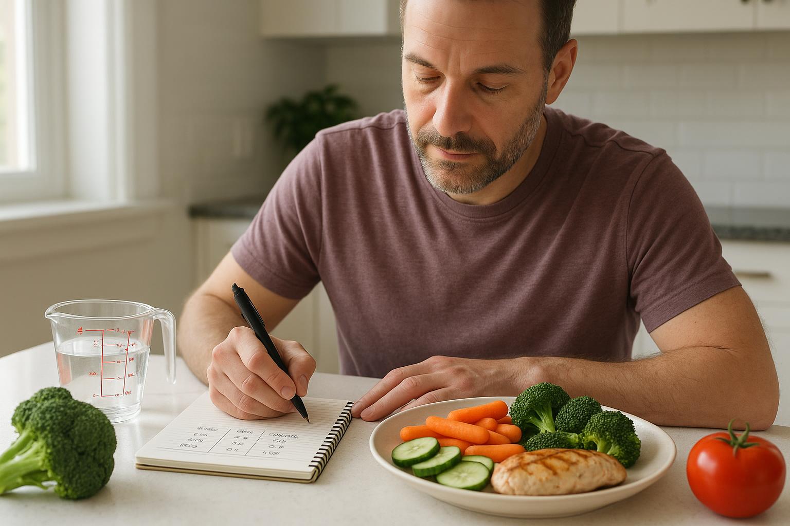 Balanced meal prep on a kitchen counter with vegetables lean protein and notes for practical weight loss plateau planning