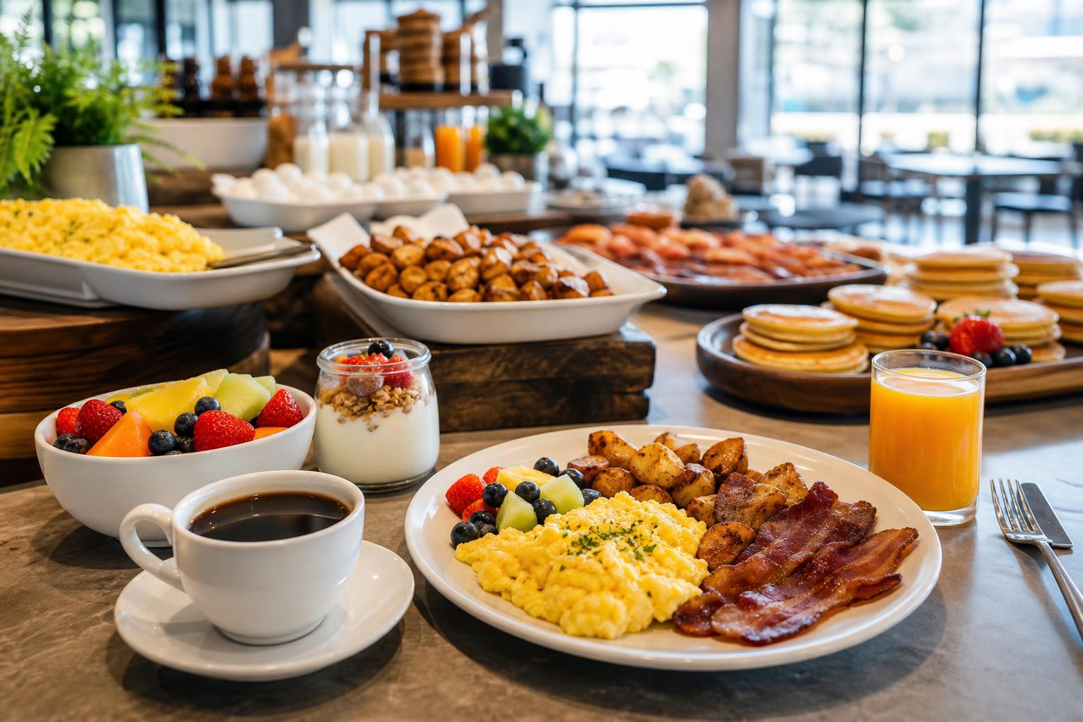 Realistic brunch buffet with eggs, potatoes, bacon, fruit, pancakes, coffee, and a balanced plate being served
