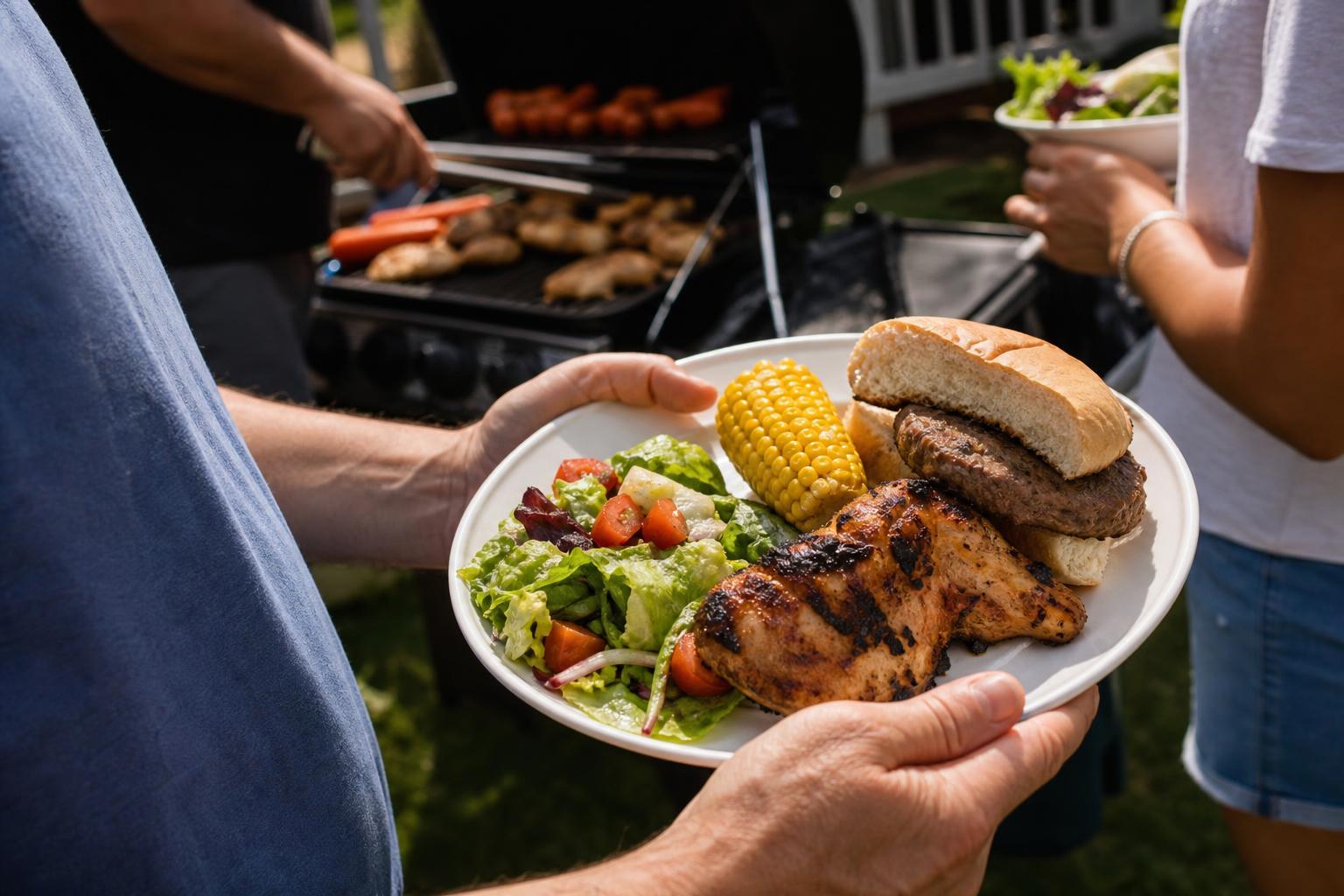 Realistic backyard barbecue cookout with a person holding a sensible plate of grilled chicken, burger half, corn on the cob, and salad