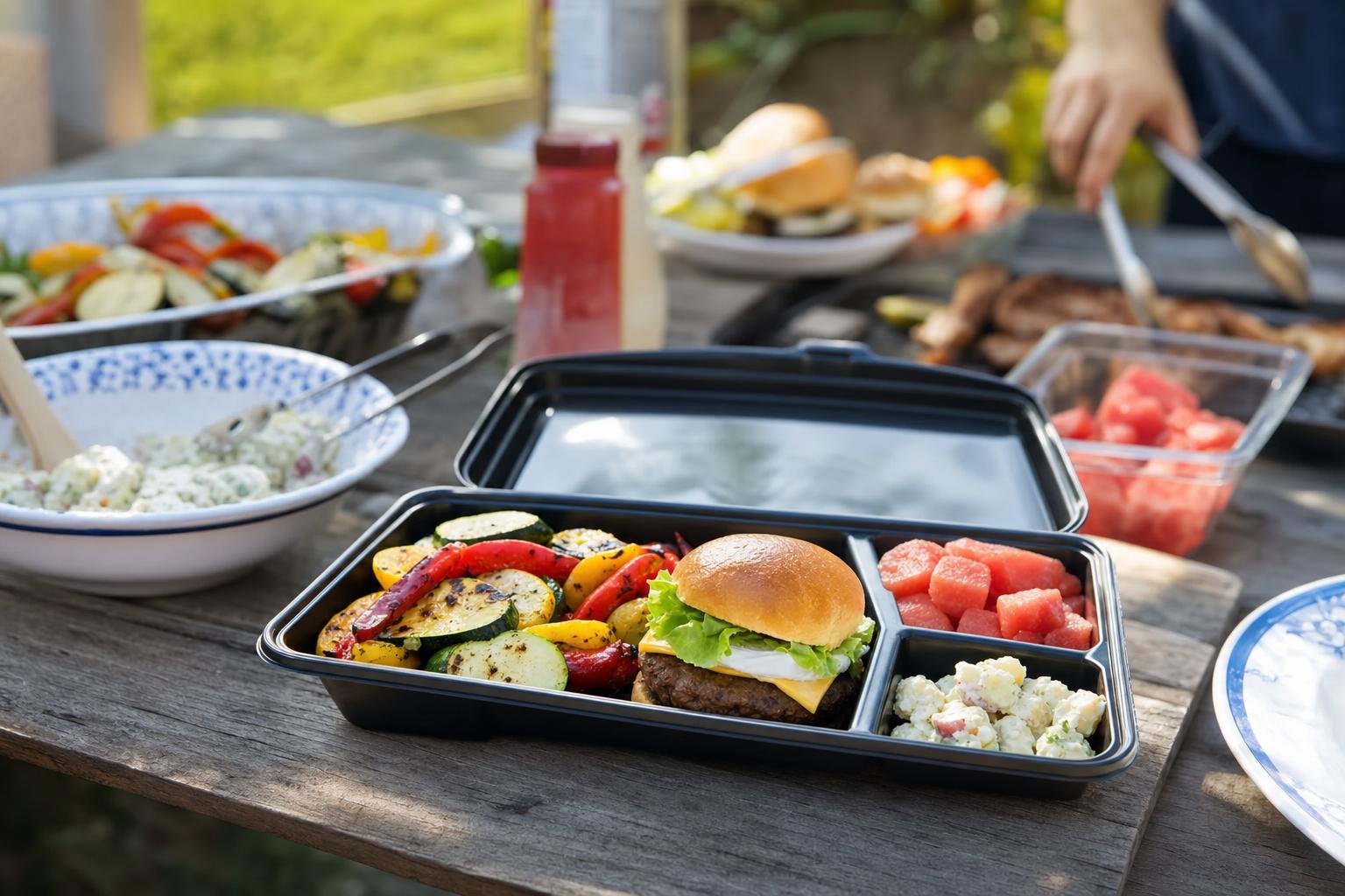 Realistic backyard barbecue table with a balanced meal container showing grilled vegetables, a small burger, fruit, and potato salad