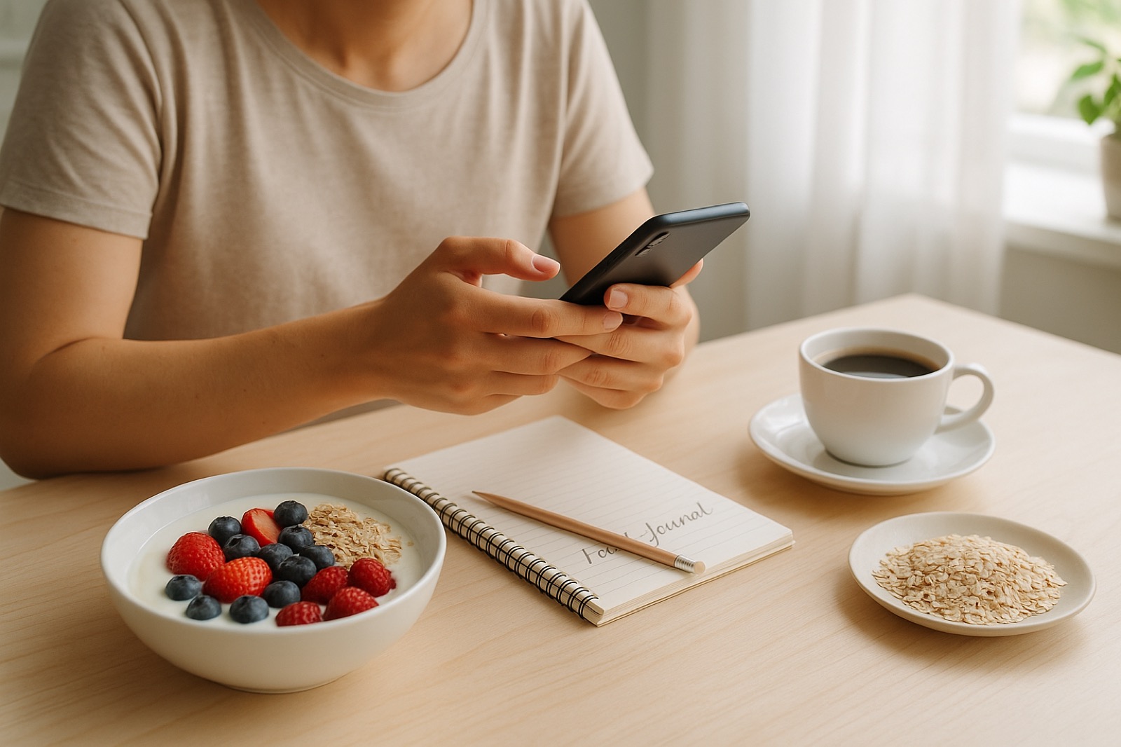 Healthy breakfast table with simple foods and a phone used for calorie tracking