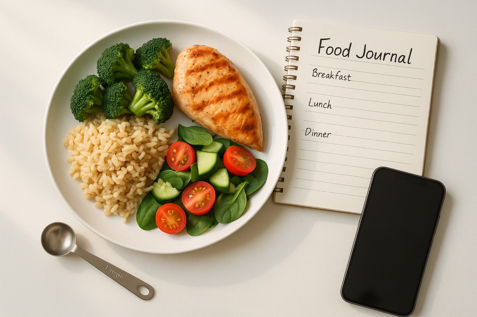 Balanced meal on a bright table beside a journal and measuring spoon for portion awareness