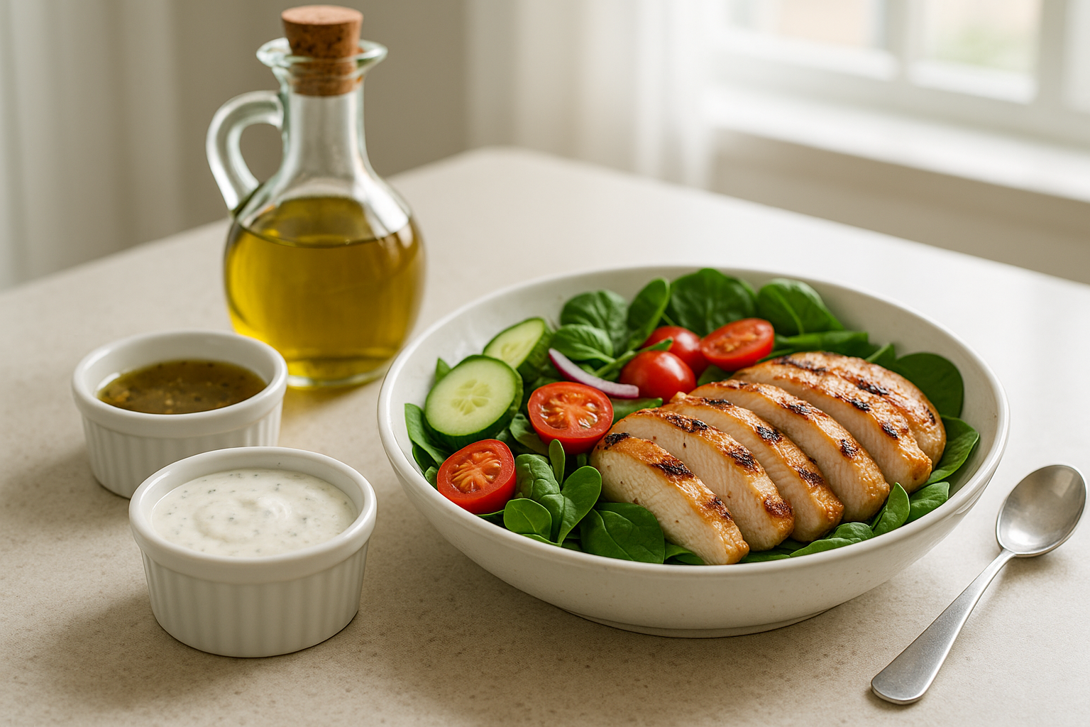 Realistic grilled chicken salad with small bowls of dressing and olive oil on a bright kitchen table in a stock-style food photo