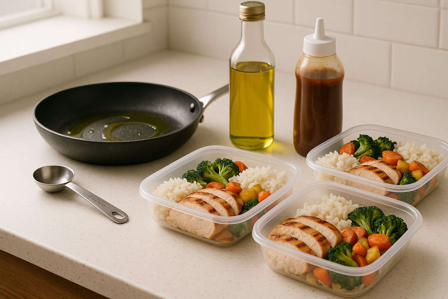 Meal prep containers with chicken rice vegetables olive oil skillet and sauce bottles on a realistic bright kitchen counter