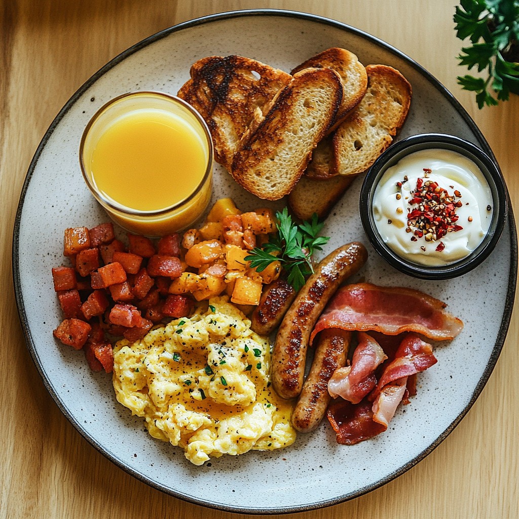 A colorful breakfast spread with eggs, fruit, toast, and simple breakfast sides arranged on a rustic table