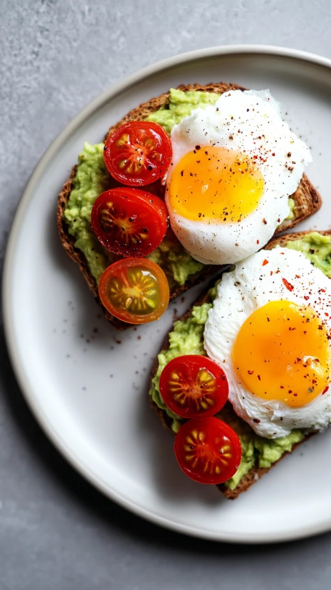 Avocado toast topped with poached eggs and cherry tomatoes on a breakfast plate