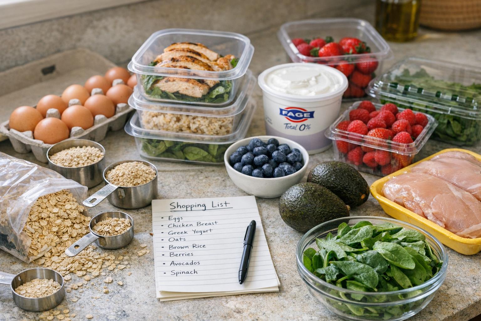 Realistic kitchen counter with grocery items, meal prep containers, and a handwritten shopping list