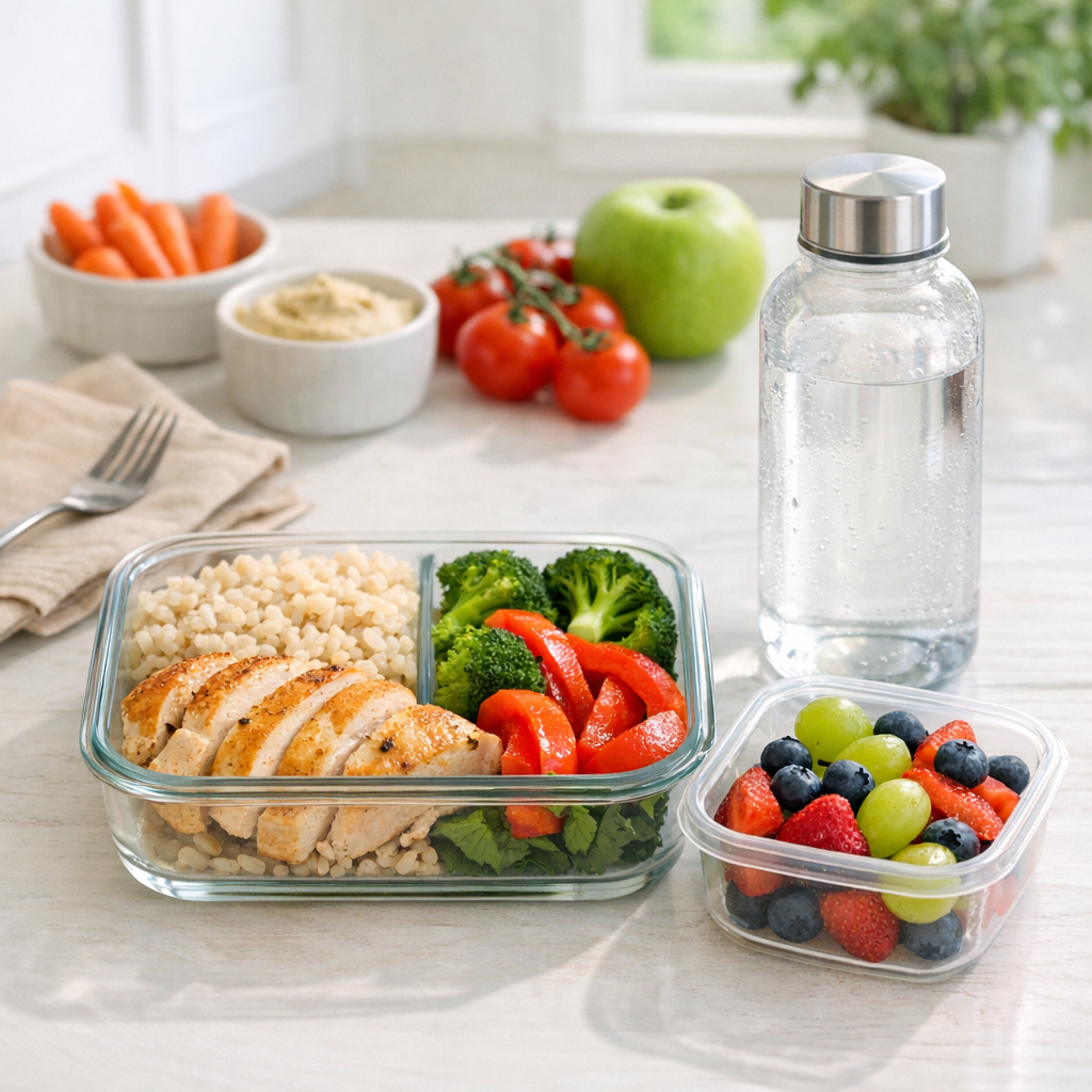 Simple lunch box with protein, vegetables, fruit, and a water bottle on a clean table