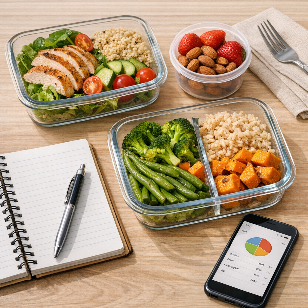Meal containers laid out beside a notebook and phone for quick calorie logging