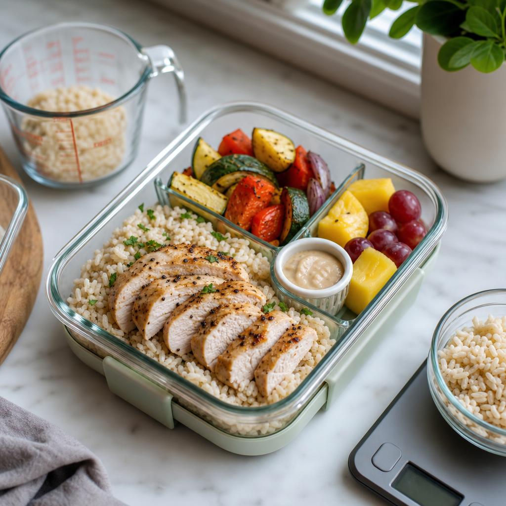 Realistic meal prep photo of a packed lunch with chicken, rice, vegetables, fruit, and a sauce cup on a bright kitchen counter