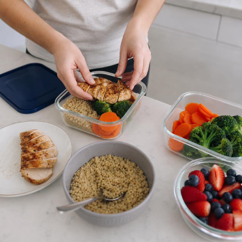 Hands packing a simple lunch with separate portions of protein, grains, vegetables, and fruit in a realistic home kitchen