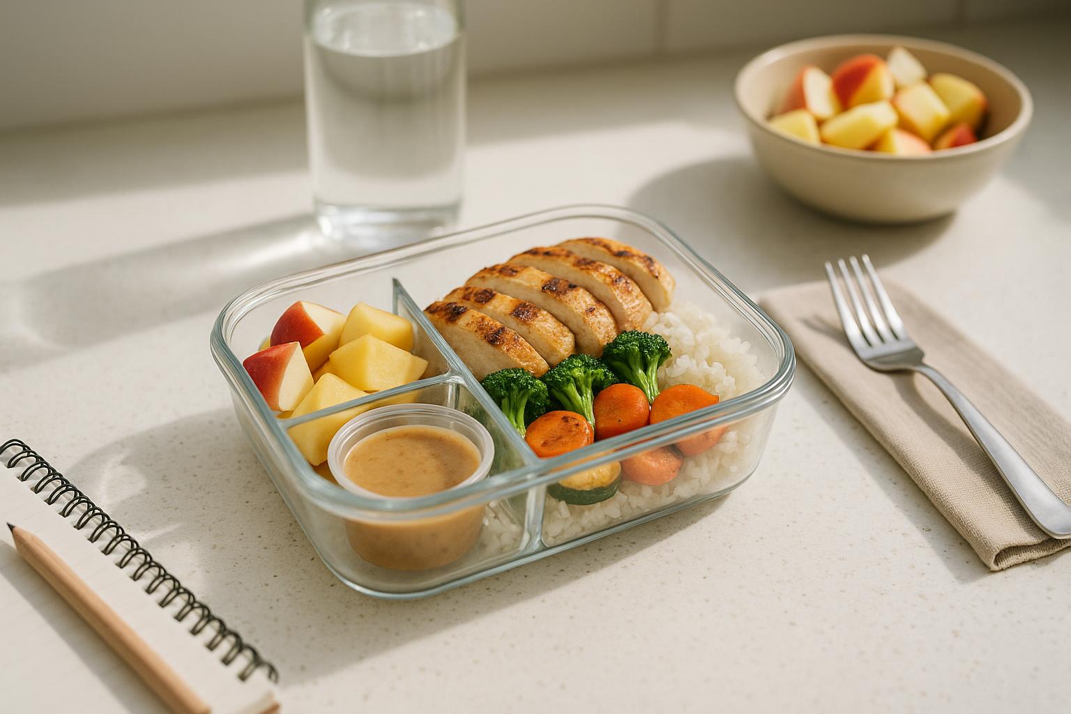 Balanced workday lunch prep with chicken rice vegetables fruit and a small sauce cup on a bright kitchen counter