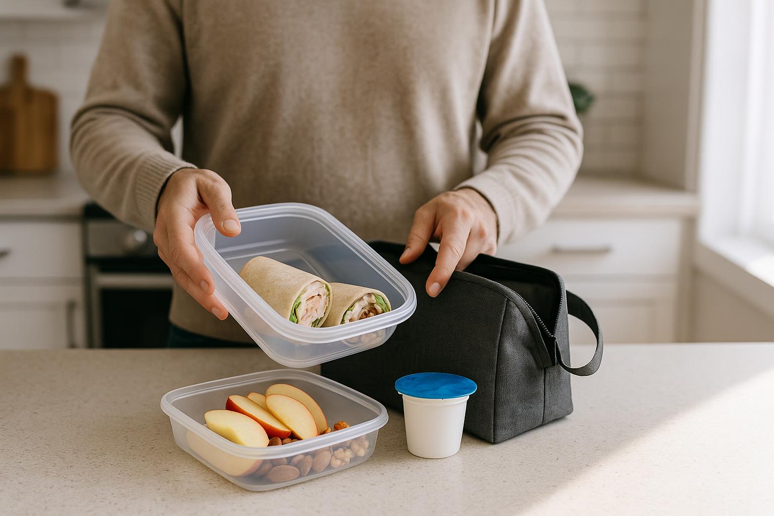 Person packing a simple workday lunch with wrap fruit yogurt nuts and a reusable lunch bag in a bright kitchen