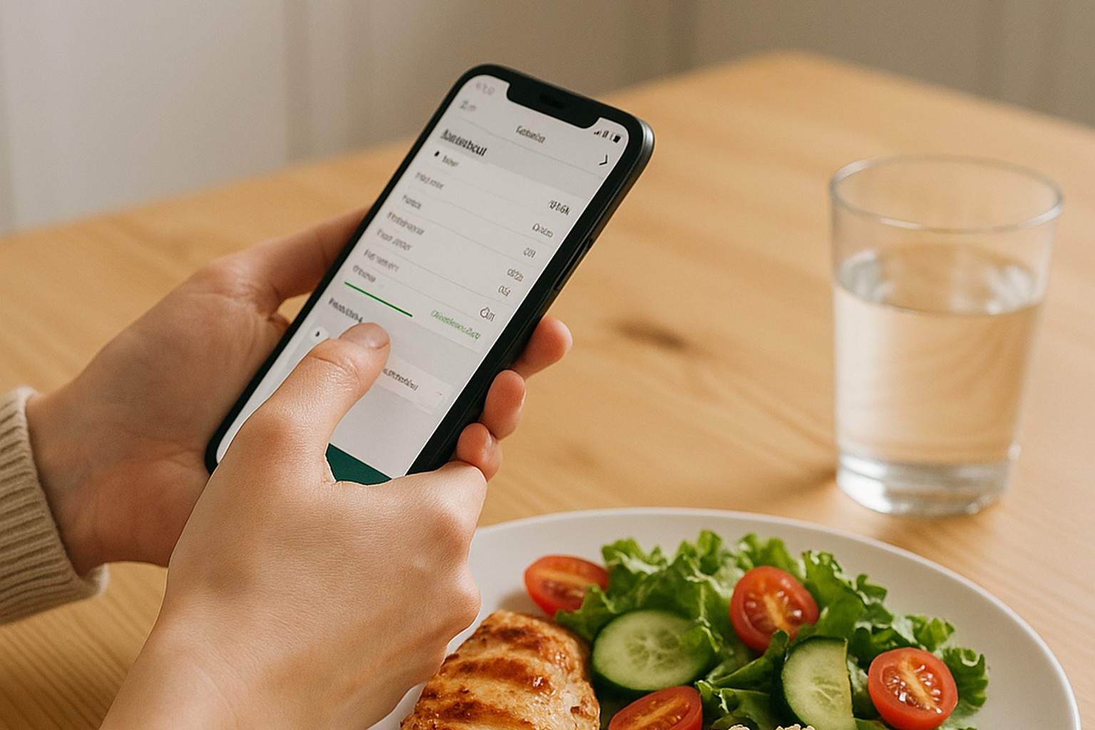 Person reviewing a menu and a calorie tracking app near a healthy restaurant meal with sparkling water