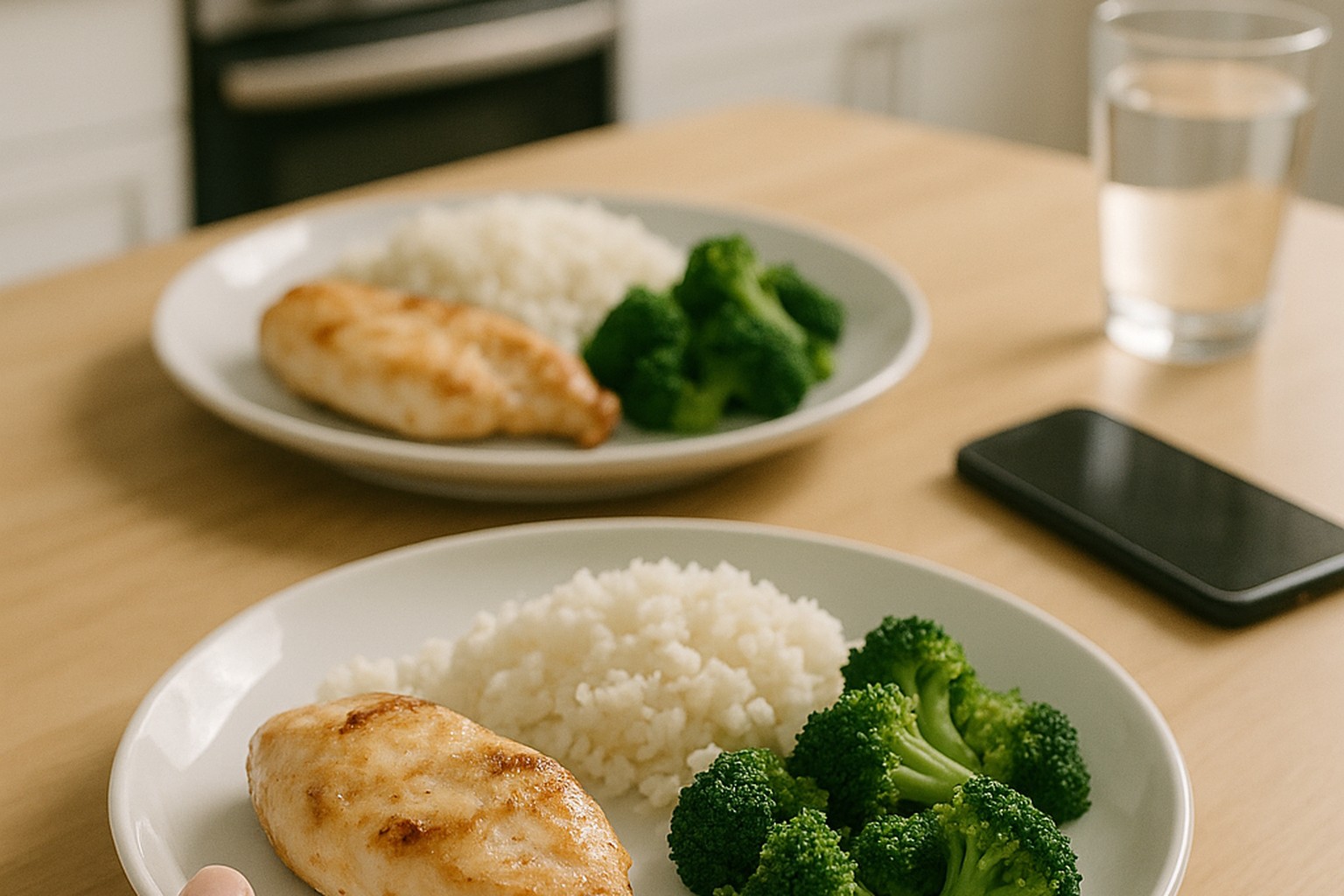 Balanced restaurant plate with grilled chicken rice and vegetables beside an open menu on a table