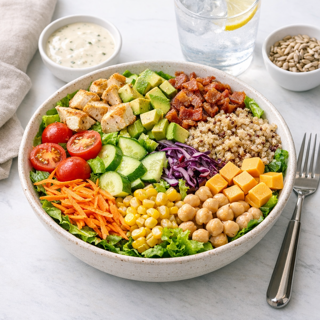 Large salad bowl with toppings, dressing, and a fork on a bright table