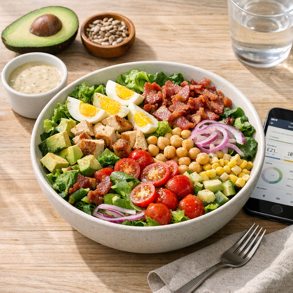 Salad bowl next to dressing cup and phone for logging
