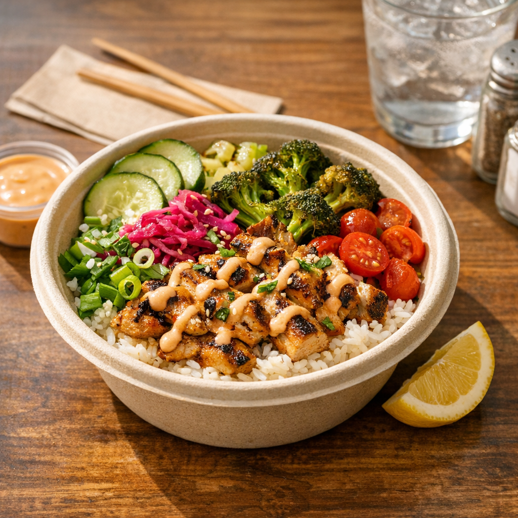 Takeout bowl with rice, protein, sauce, and toppings on a restaurant table