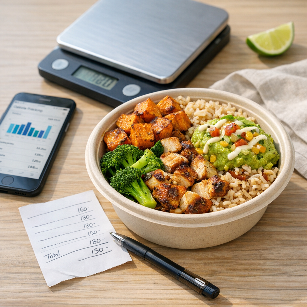 Close-up of a takeout bowl next to a phone and receipt for calorie tracking