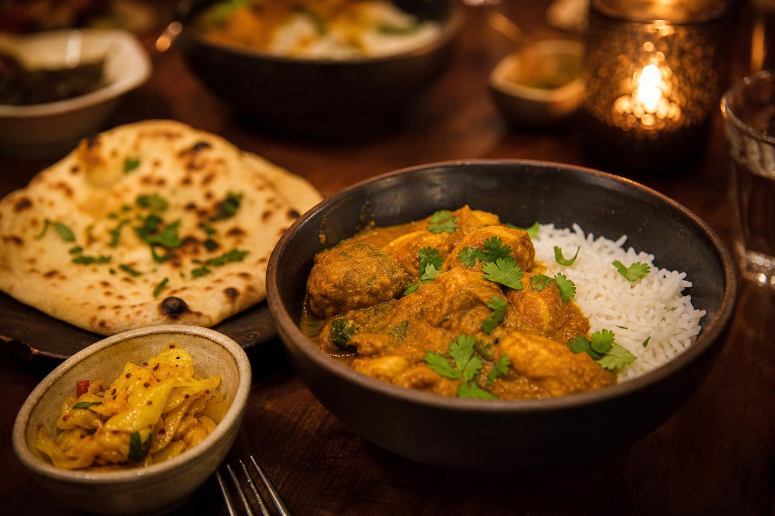 Realistic curry dinner scene with rice, naan, a bowl of curry, and warm restaurant lighting