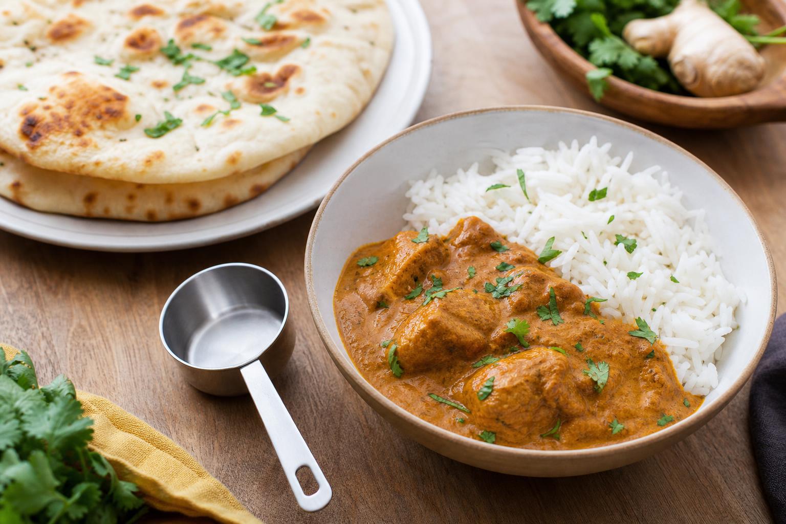 Close-up of curry dinner with a measuring spoon, rice, and naan for portion awareness