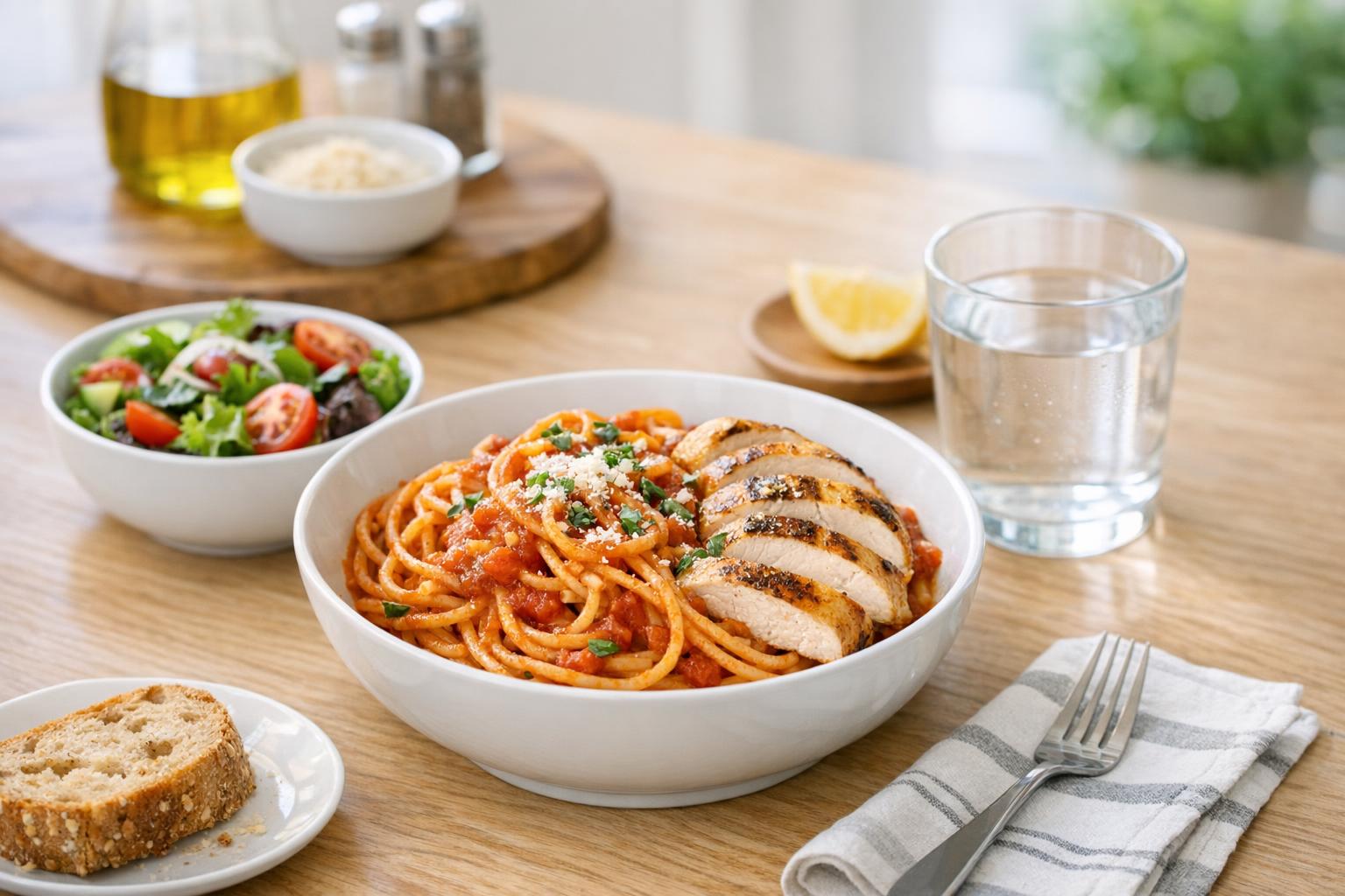 Realistic homemade pasta dinner with tomato sauce, grilled chicken, salad, and water on a kitchen table