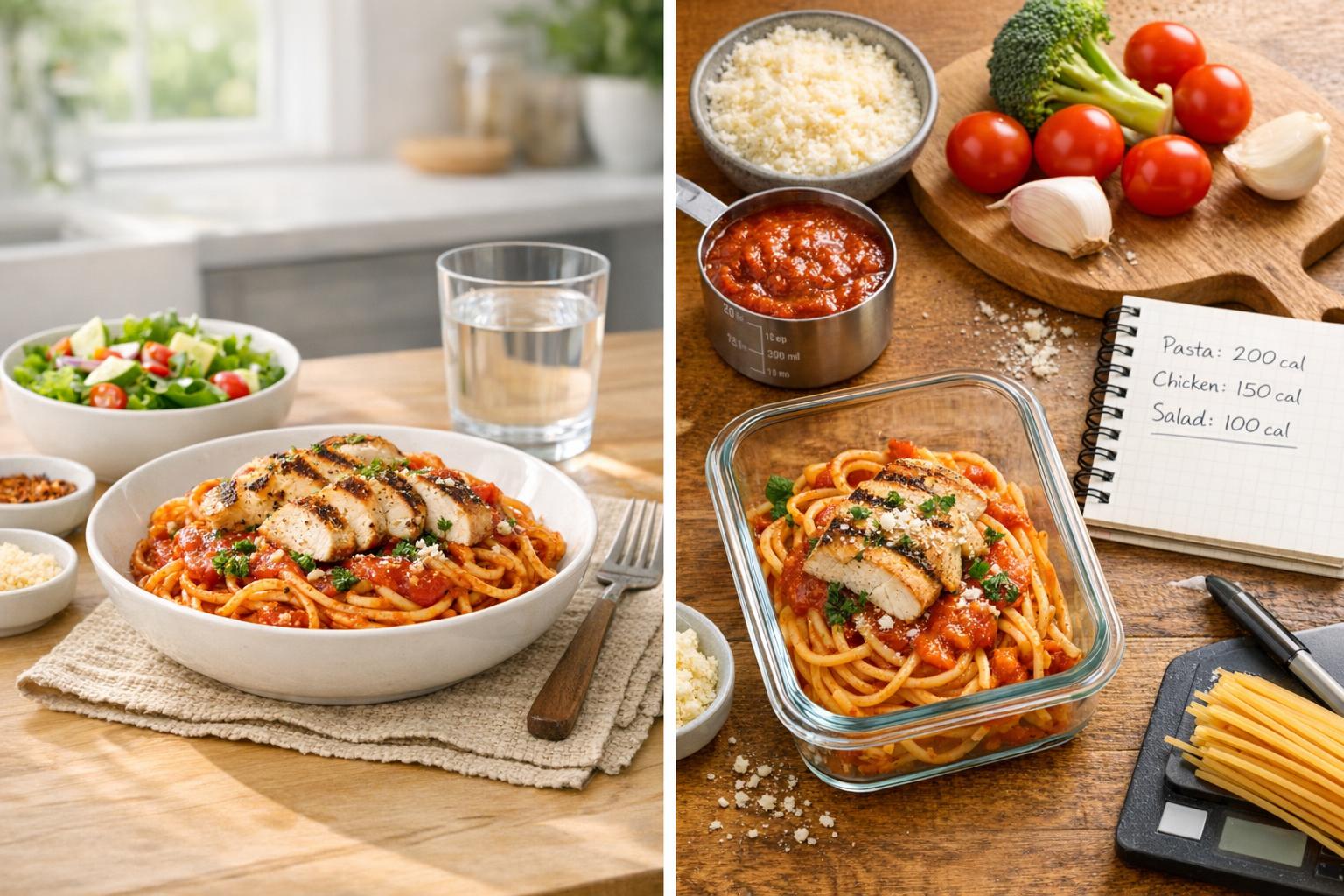 Overhead pasta meal prep with portioned pasta, measuring cup, tomato sauce, parmesan, and vegetables