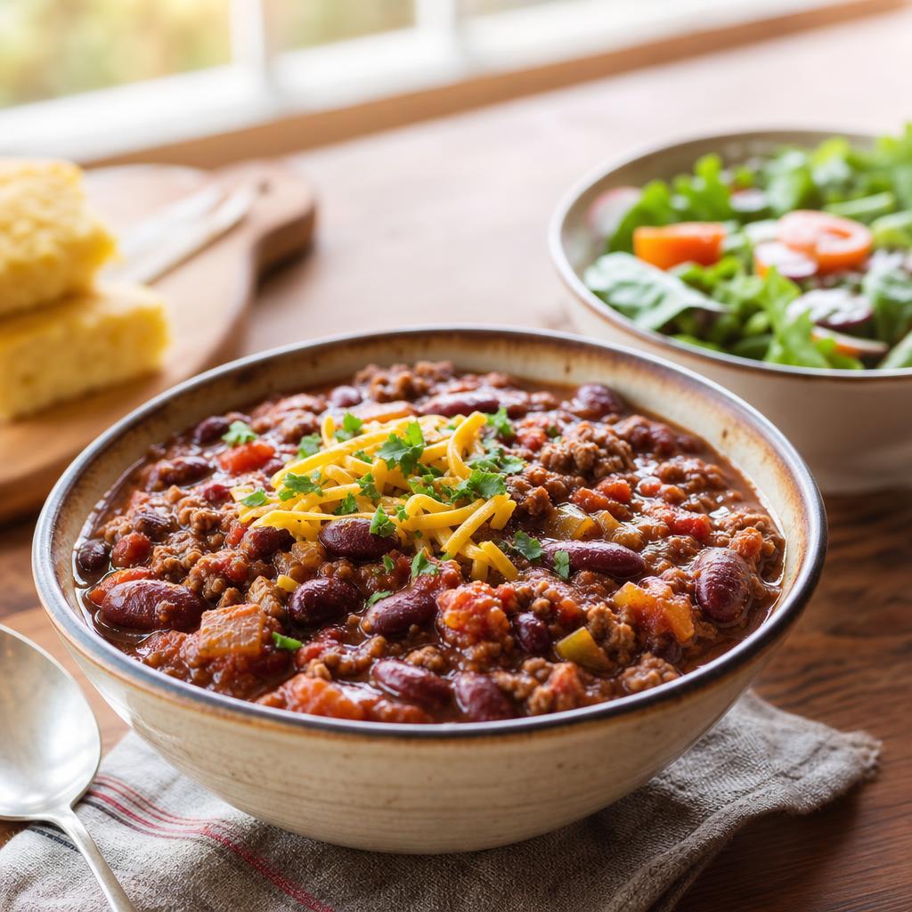 Realistic bowl of hearty chili on a warm kitchen table with a spoon and simple side salad