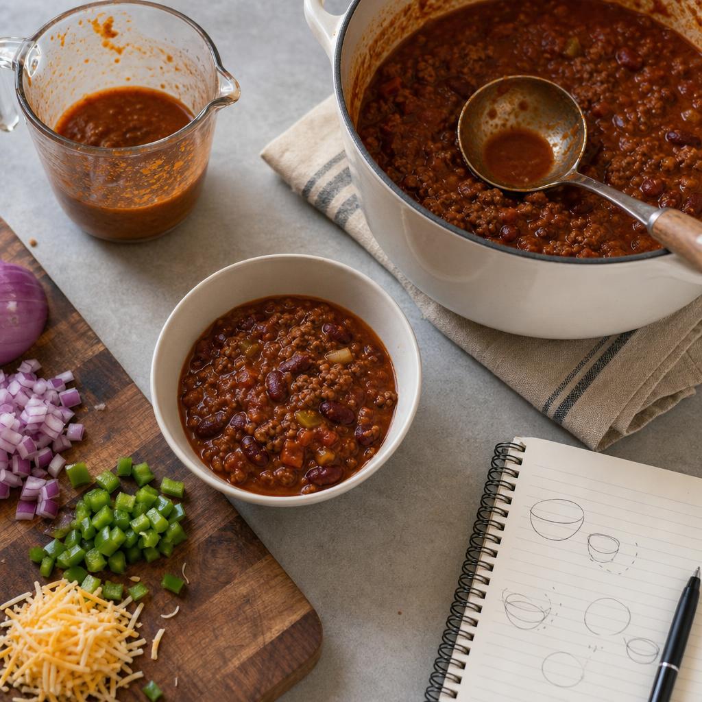 Overhead kitchen scene with chili ingredients, a ladle, a measuring cup, and a notebook for rough portion estimates