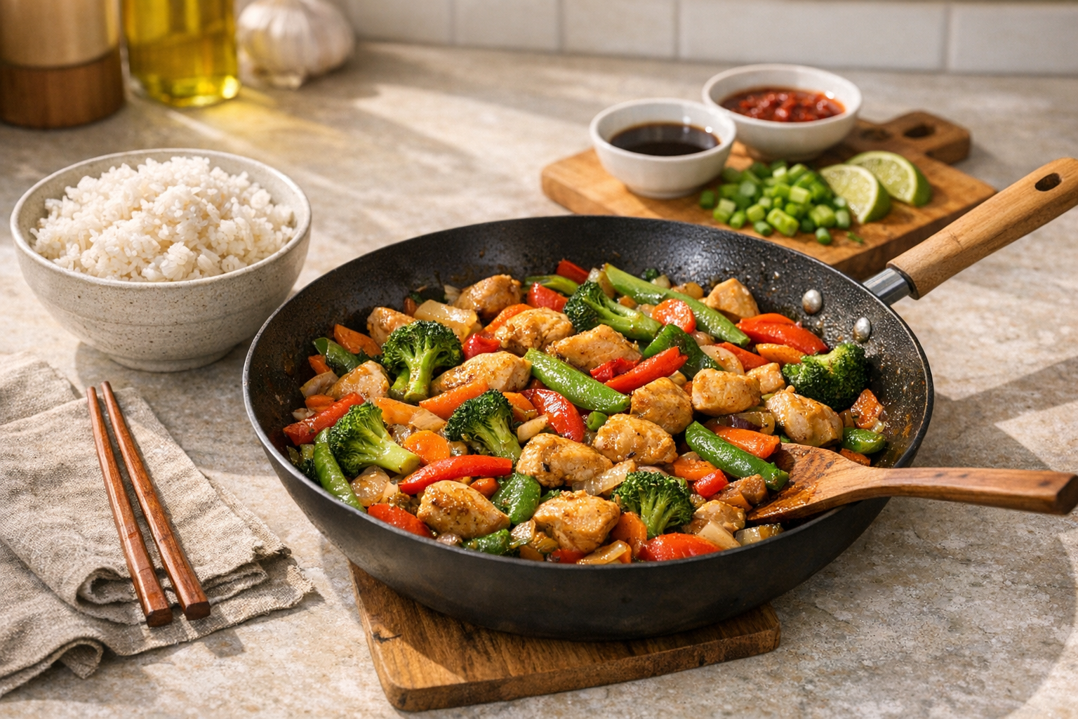 Realistic home dinner scene with chicken and vegetable stir-fry, rice, chopsticks, and a clean kitchen counter