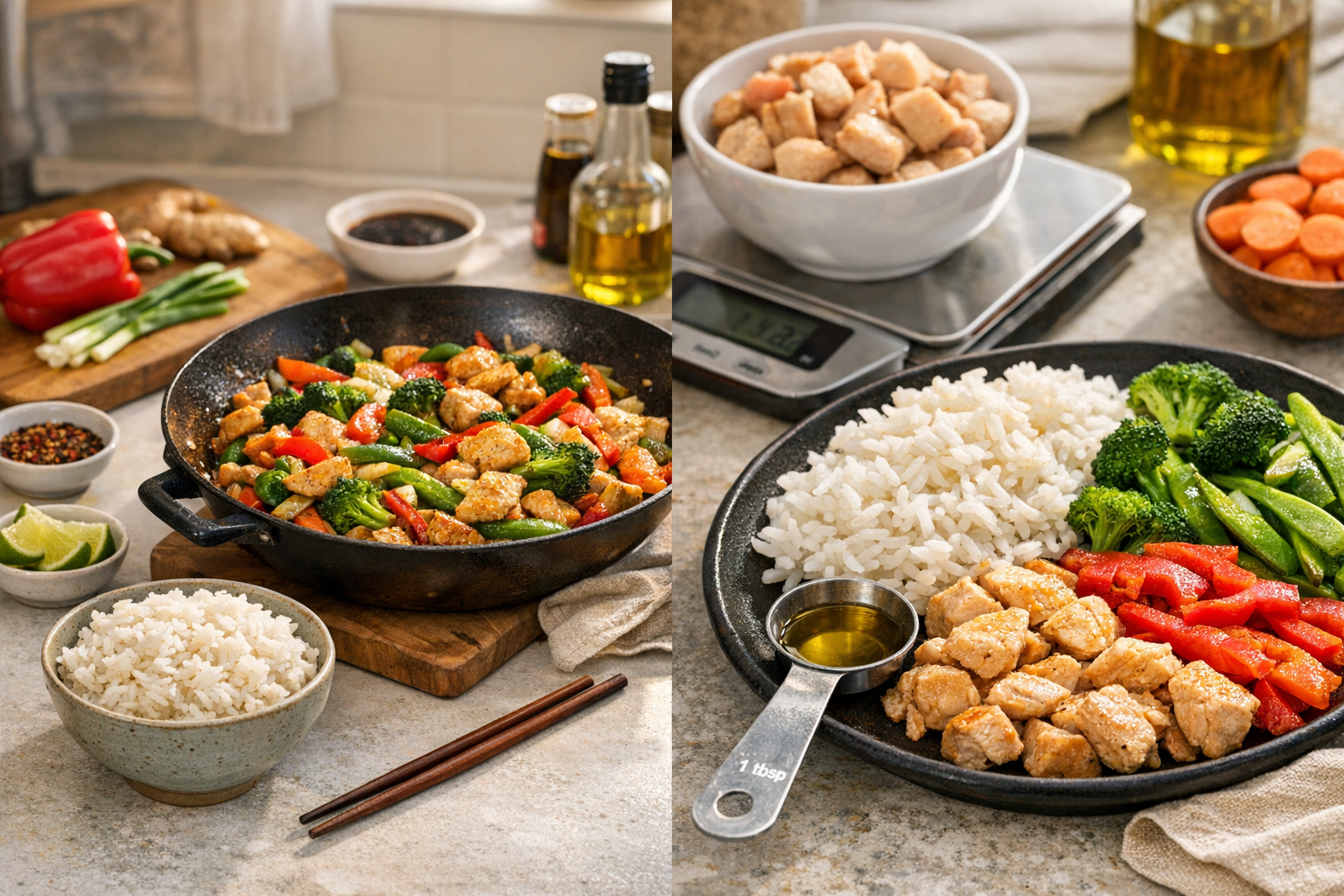 Close-up of stir-fry ingredients with a measuring spoon and a kitchen scale for portion awareness