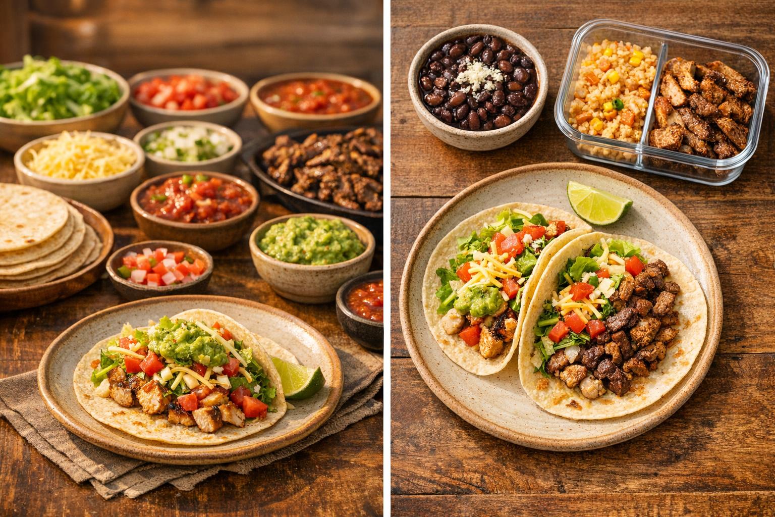 Realistic taco spread with tortillas, grilled meat, salsa, guacamole, rice, beans, and fresh toppings on a kitchen table