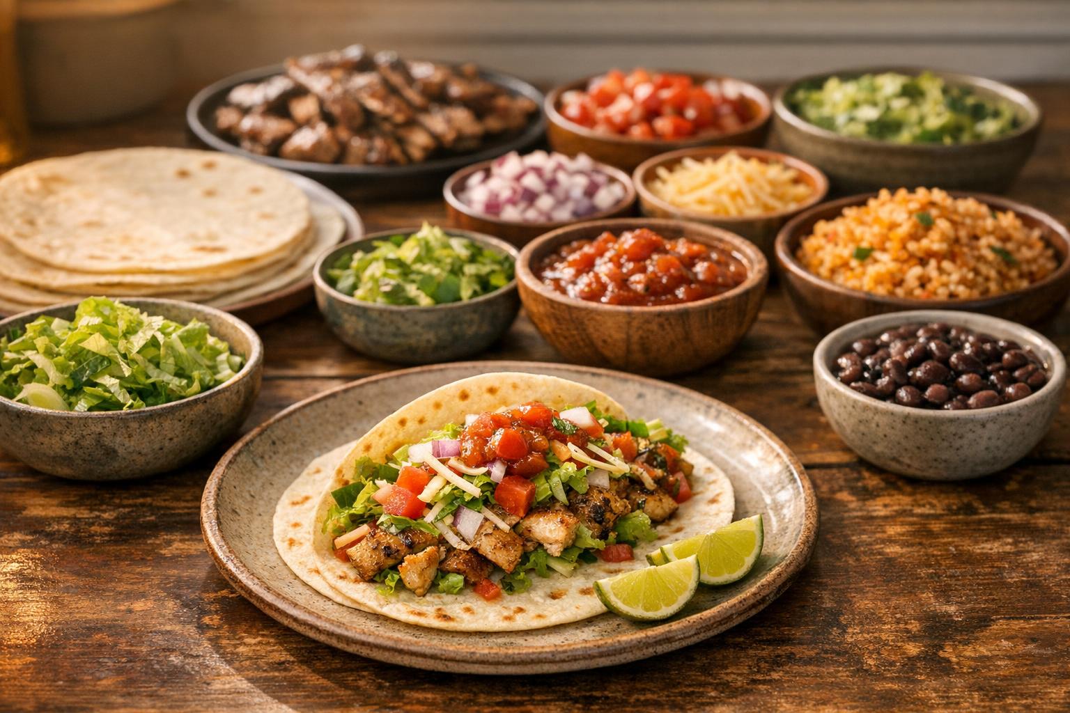 Overhead view of tacos with a small side of beans and meal prep container for realistic calorie tracking