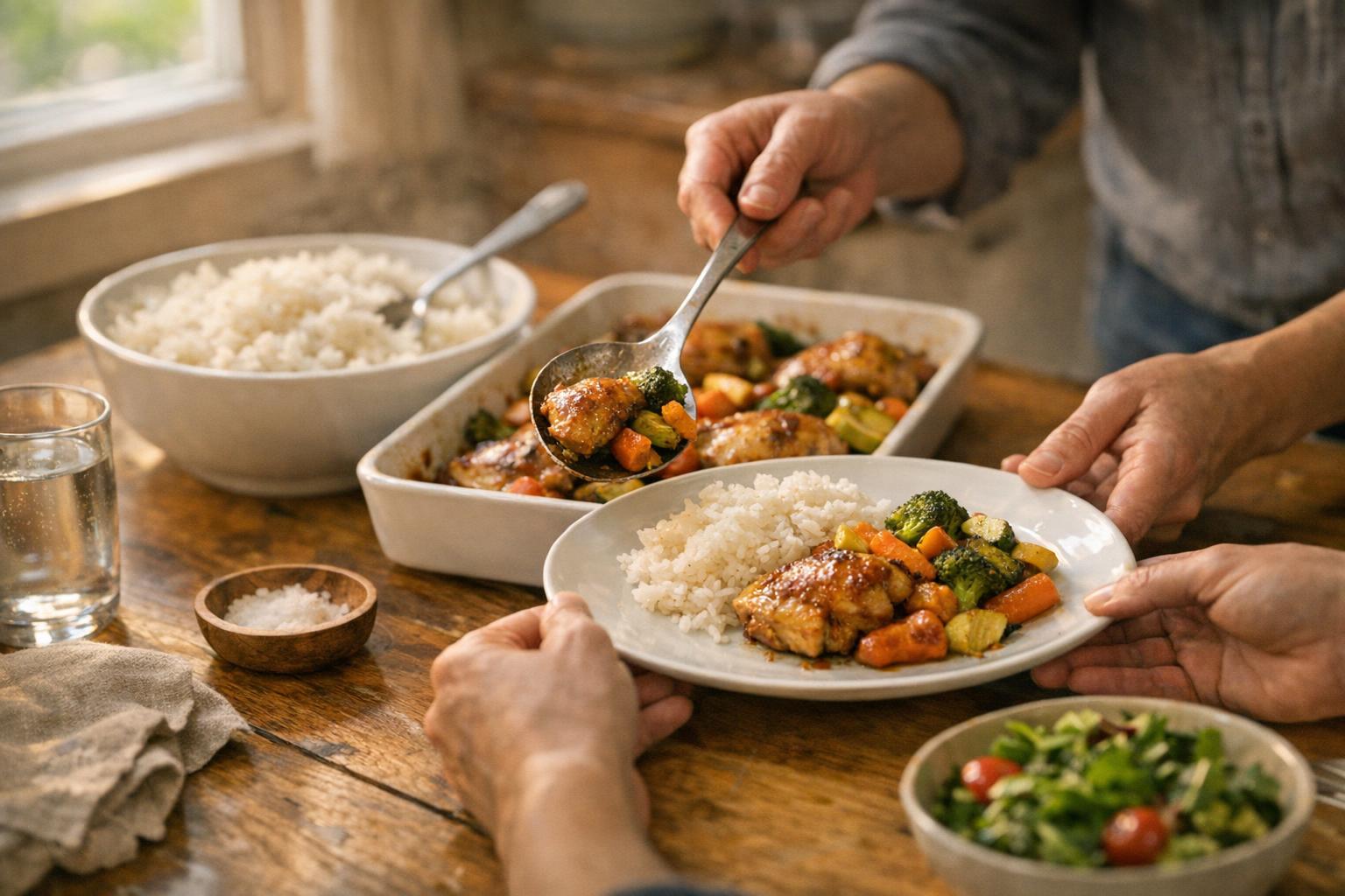Realistic homemade dinner being plated in a warm kitchen with chicken, rice, and vegetables