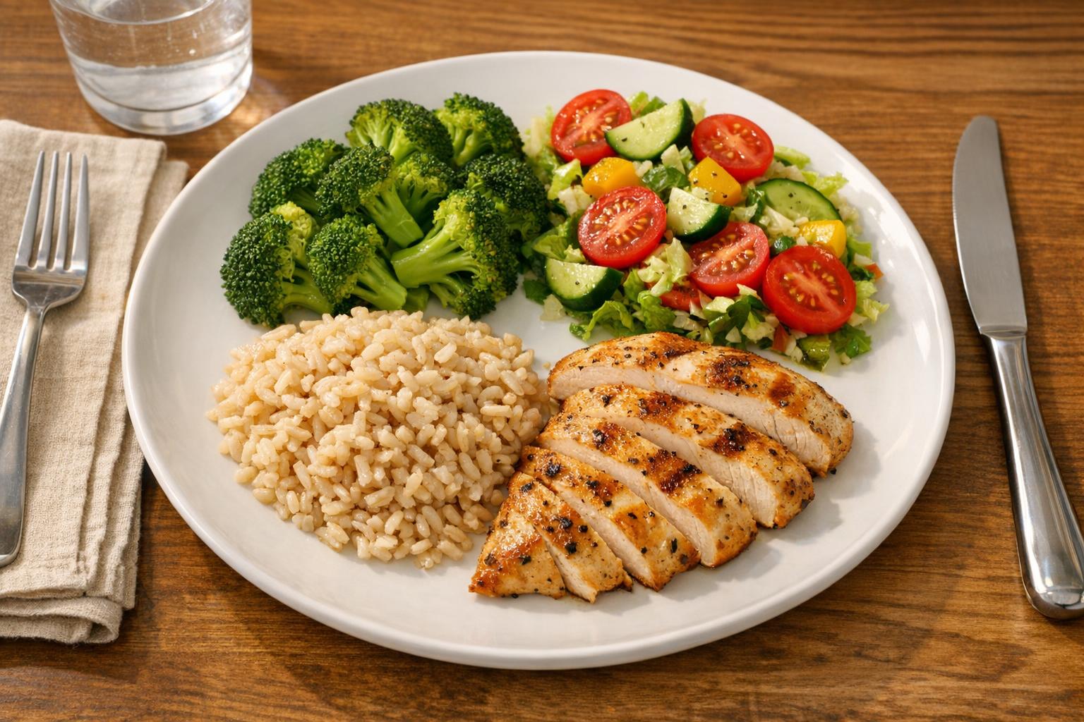 Simple portioned dinner plate with chicken, rice, broccoli, and salad on a clean table
