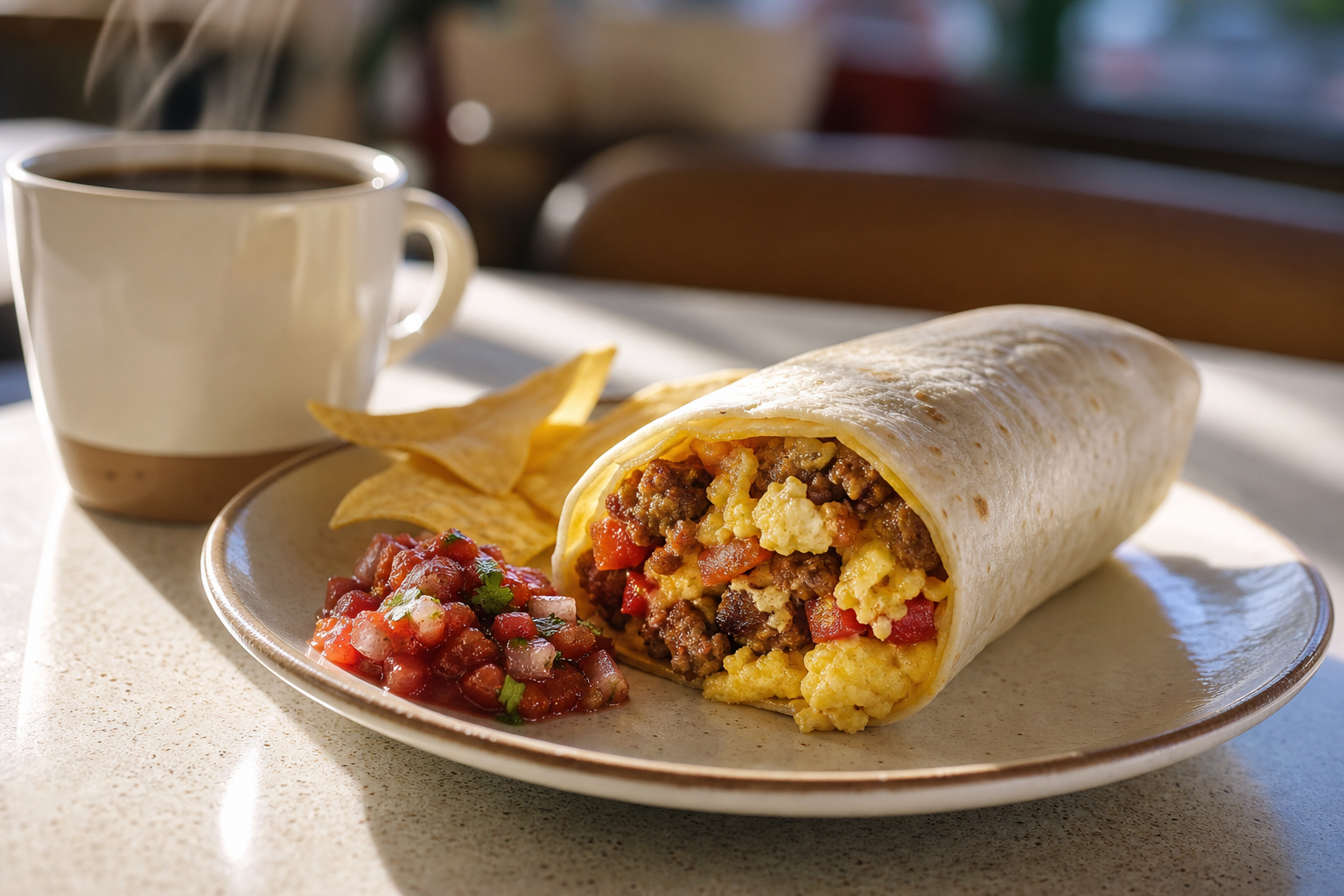 Photorealistic breakfast burrito with coffee, salsa, and chips on a sunlit cafe table
