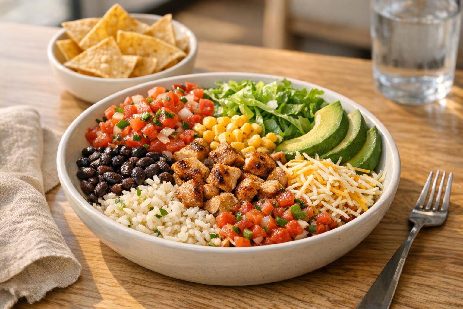Realistic burrito bowl with rice, beans, grilled chicken, salsa, avocado, lettuce, and tortilla chips on a restaurant table