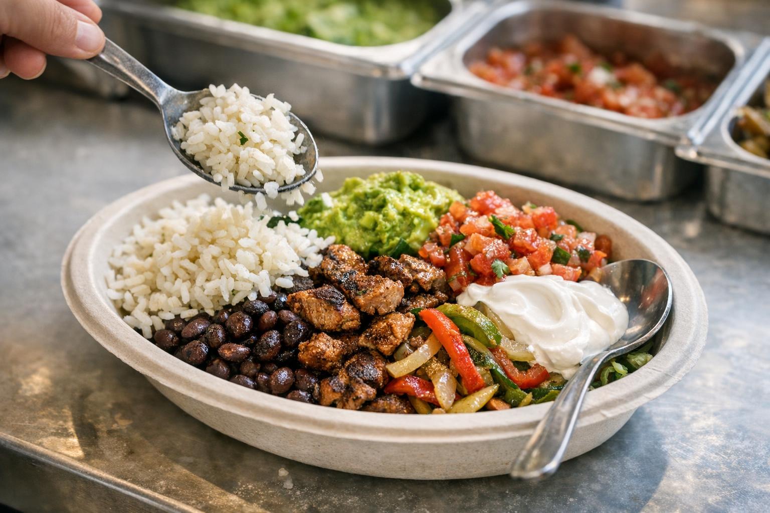 Close-up of a burrito bowl being assembled with rice, beans, fajita vegetables, salsa, and guacamole at a fast casual counter