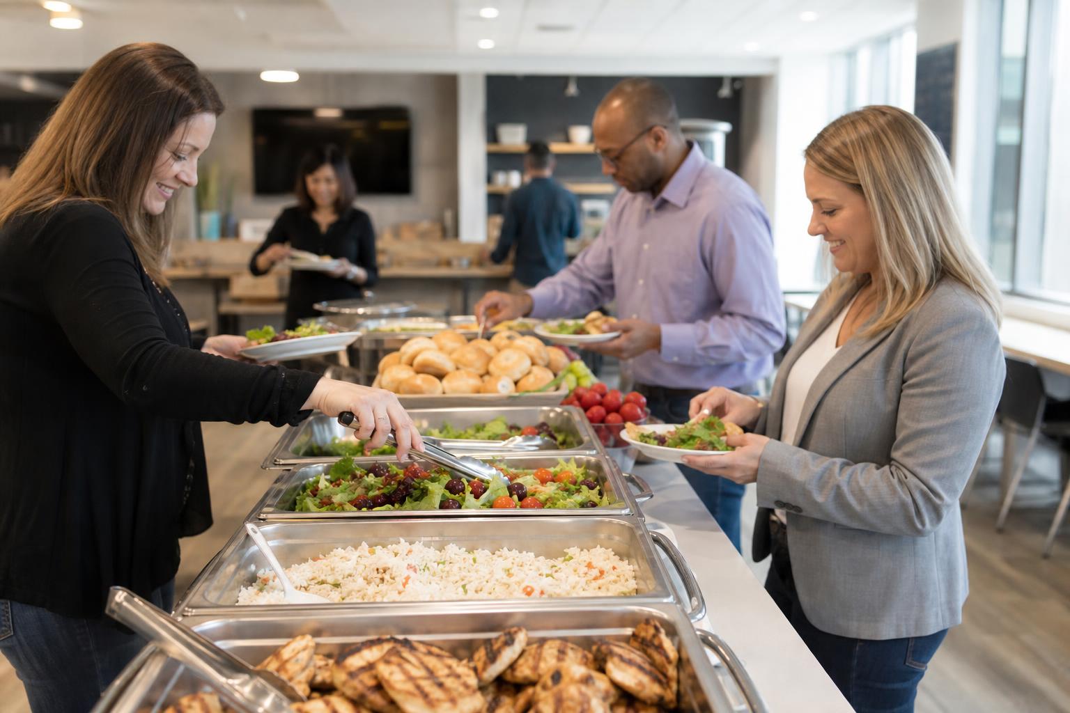 Realistic catered office lunch spread with trays of grilled chicken, salad, rice, fruit, and serving utensils in a bright break room