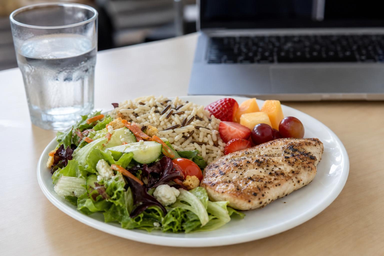 Lunch plate with salad, rice, grilled protein, and fruit on a desk with a blurred laptop in the background