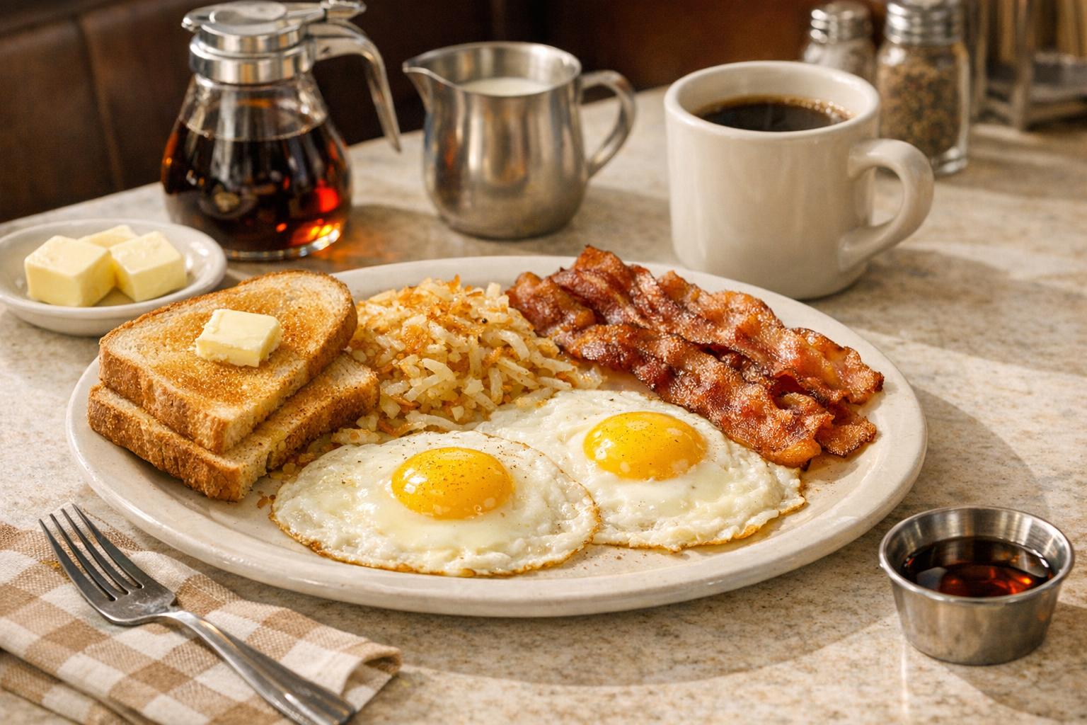 Realistic diner breakfast scene with eggs, toast, hash browns, bacon, syrup, and coffee in warm morning light