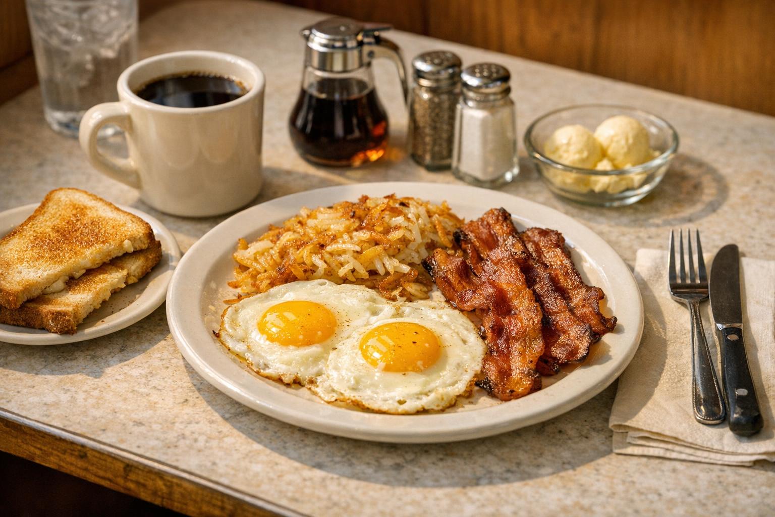 Overhead realistic diner breakfast with pancakes, eggs, sausage, toast, and coffee on a red vinyl booth table
