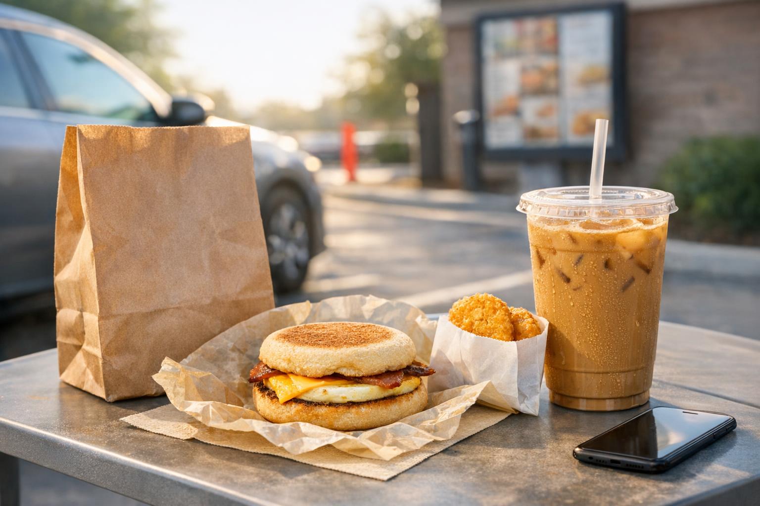 Photorealistic drive-thru breakfast with a sandwich, hash browns, and iced coffee in a stock-style morning scene