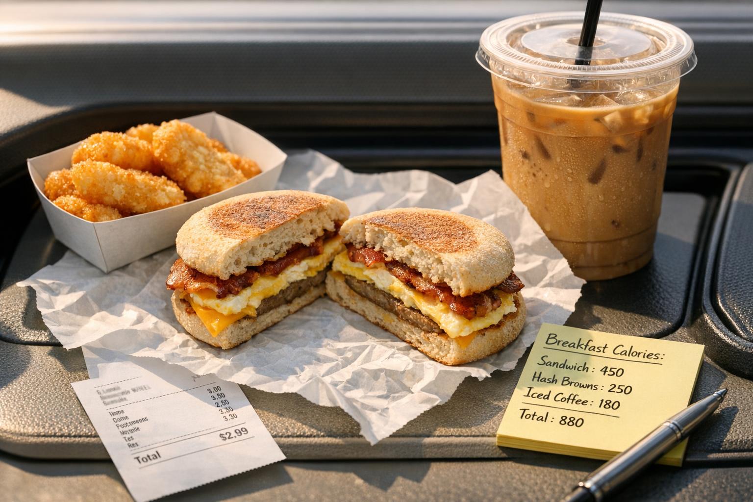Drive-thru breakfast on a table with a sandwich, hash browns, iced coffee, receipt, and a simple calorie note