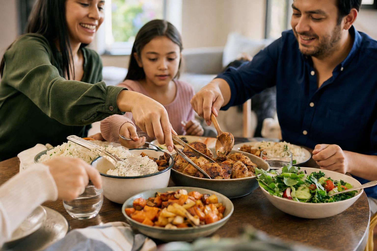 Realistic family-style dinner table with shared bowls of roasted chicken, rice, salad, and vegetables in warm natural light
