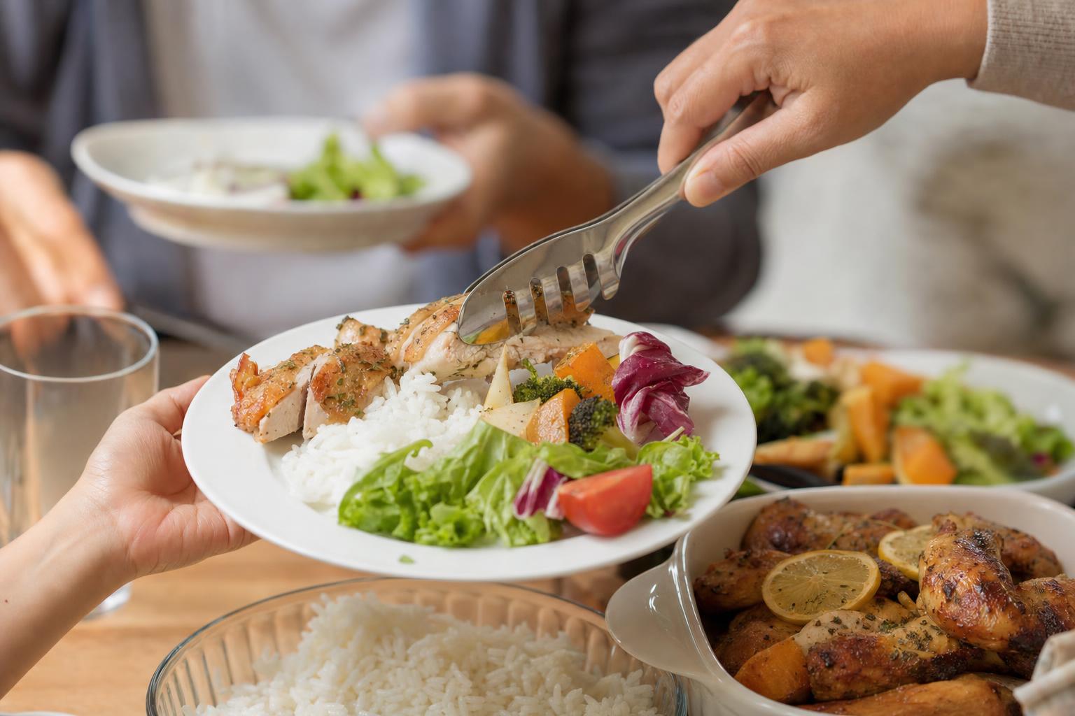 Close-up of a family-style plate being served from shared bowls with roasted chicken, rice, and vegetables