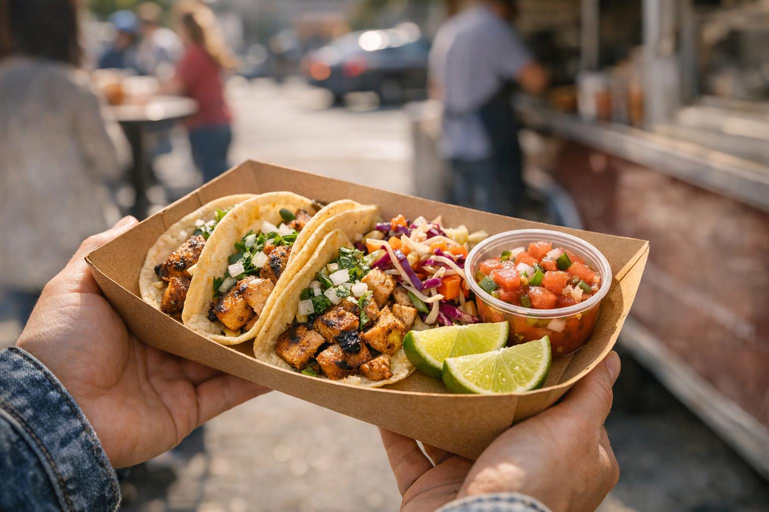 Realistic street food truck lunch scene with a person holding a paper tray of grilled chicken tacos, slaw, salsa, and lime in warm daylight