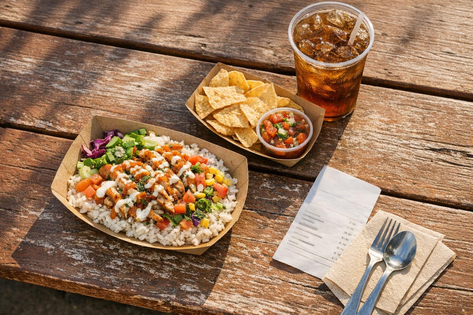 Overhead realistic food truck lunch on a picnic table with a rice bowl, tortilla chips, salsa cups, iced drink, and receipt