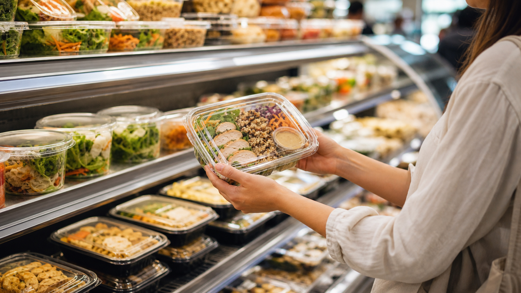 A person choosing a prepared lunch container at a grocery store deli counter